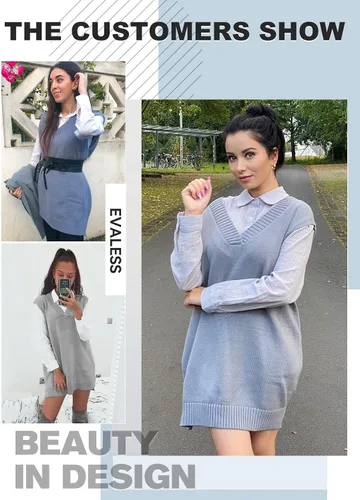 Miniatura 5 de EVLAESS - Chaleco de gran tamaño para mujer, cuello en V, sin mangas, color sólido, suéter suelto