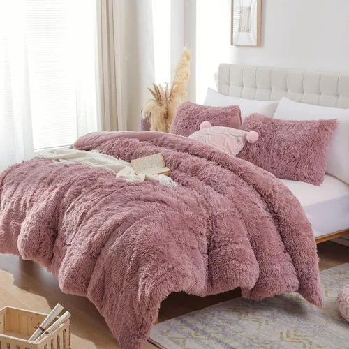 Miniatura 24 de Smoofy Juego de edredón esponjoso de tamaño Full, juego de edredón rosa de piel sintética, juego de ropa de cama mullido de lujo, juego de ropa