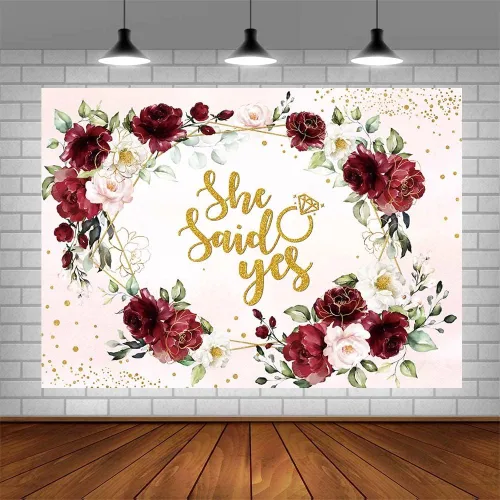Miniatura 4 de SENDY Telón de fondo floral burdeos de 7 x 5 pies con texto en inglés "She Said Yes" para despedida de soltera, boda, aniversario, fotografía, fondo
