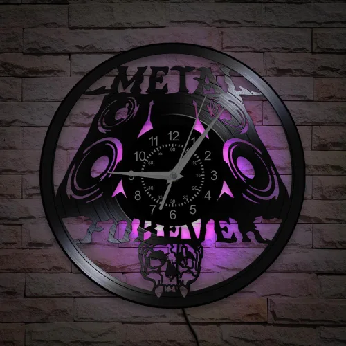 Reloj de pared de música de metal pesado, 12 pulgadas, 7 tipos de reloj de pared LED de música rock, reloj de pared de cuarzo silencioso sin tictac,