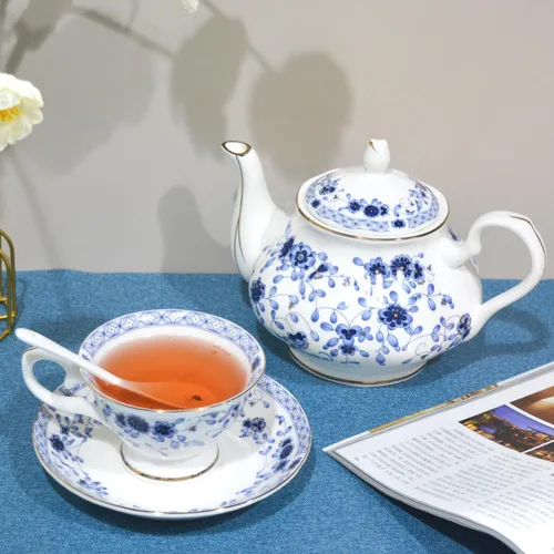 Miniatura 5 de Juego de té de porcelana de hueso, juego de té de porcelana de 21 piezas para adultos, tazas de té y platillos para 6, con tetera, cucharas, Azul