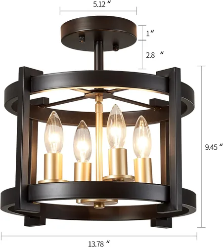 Miniatura 5 de MEIXISUE Lámpara de techo semiempotrada de 4 luces BK+GD Farmhouse Rustic Vintage Antique Lámpara de techo para pasillo, entrada, cenador, cocina