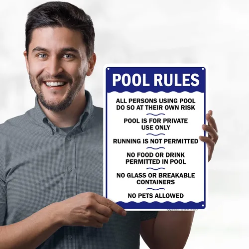 Miniatura 2 de Letrero de reglas de la piscina, «Swim at Your Own Risk, This is a Private Pool, No Food No Runing, No Glass, No Pets – Cartel de piscina, 10 x 14