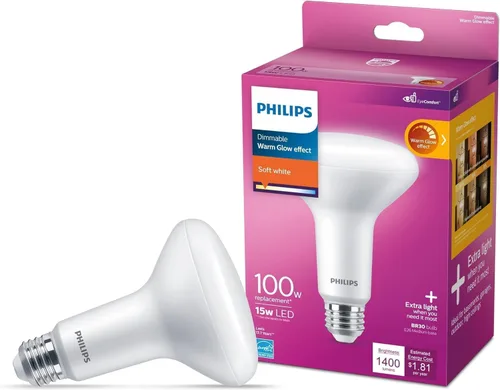 Miniatura 2 de PHILIPS LED Paquete de 4 bombillas BR30 de 100 W, color blanco suave (2700 K) 1400 lúmenes (15 W = 100 W) regulables esmeriladas sin parpadeo