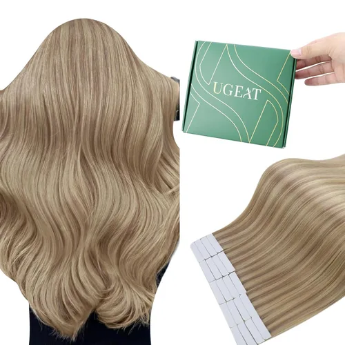 Miniatura 18 de Ugeat - Extensiones de cabello humano con cinta adhesiva, color marrón, extensiones de cabello humano, color marrón oscuro a rubio caramelo, Cinta