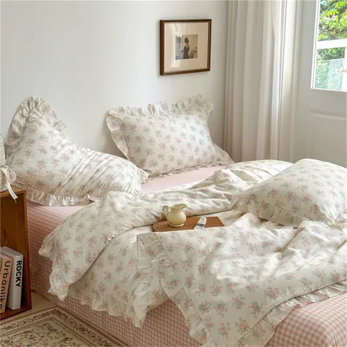 Miniatura 31 de MKXI Juego de ropa de cama con diseño de corbata de moño linda y rayas de flores rosas, tamaño individual, de algodón - Funda de edredón
