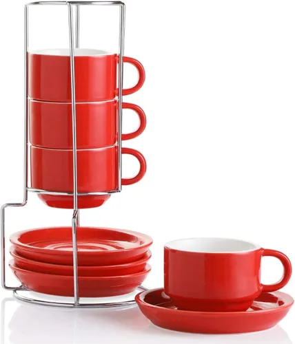 Miniatura 31 de Sweejar - Tazas de café de porcelana con platillos, tazas de capuchino apilables de 4 onzas con soporte de metal para bebidas de café, café