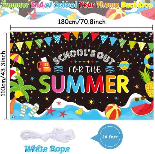 Miniatura 2 de Telón de fondo temático de fin de año escolar para clase de verano, fin de año escolar, pancarta temática para playa tropical, piscina, fiesta