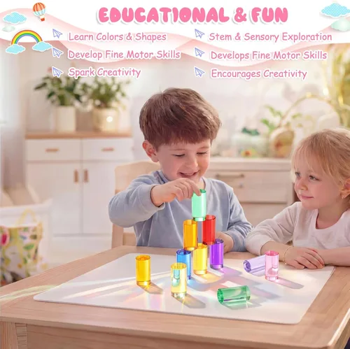 Miniatura 4 de Meooeck 10 unidades de bloques de gemas acrílicas de colores, arco iris translúcido, apilable, juguete sensorial de tren con caja de almacenamiento