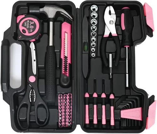 Miniatura 9 de Kit de herramientas de 144 piezas, color rosa, juego de herramientas básicas de reparación del hogar, kit de herramientas manuales para el hogar