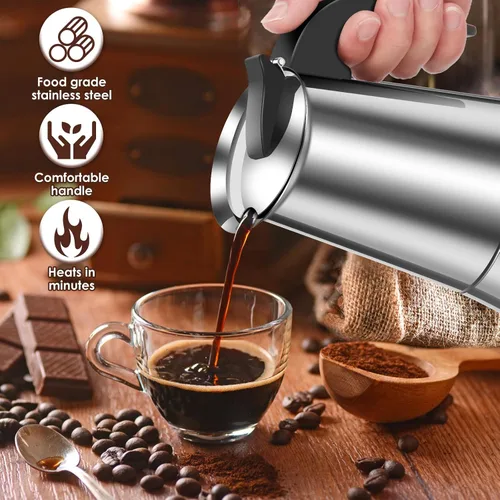 Miniatura 4 de Paquete de 2 ollas de café expreso Moka de acero inoxidable, 15.2 fl oz/15 oz/9 tazas para estufa y cocinas de inducción (2)