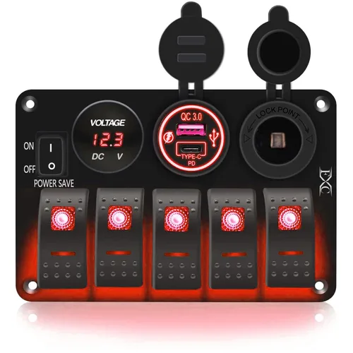 Miniatura 9 de FXC Interruptor basculante de barco marino impermeable, panel de aluminio de 5 segmentos con ranura USB dual 3.1A + medidor de voltios, luz LED azul