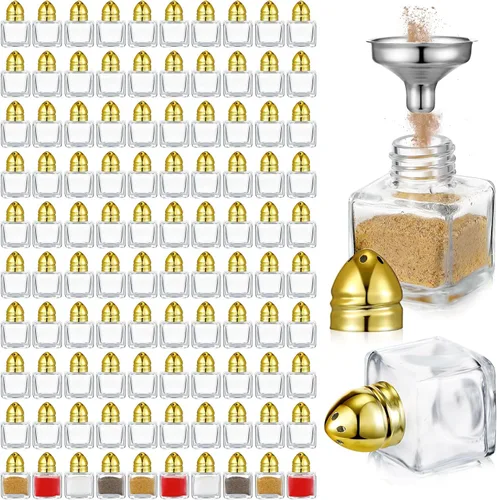 Miniatura 10 de Uiifan Juego de 12 piezas 0.5 oz de forma cúbica, pequeños saleros y pimenteros con tapas tonales, frascos de condimentos de vidrio transparente