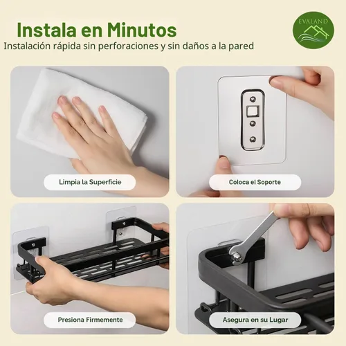 Miniatura 3 de EVALAND Paquete de 2 soportes adhesivos para ducha con ganchos y barra para toallas, color negro, estantes de ducha de baño de alta calidad