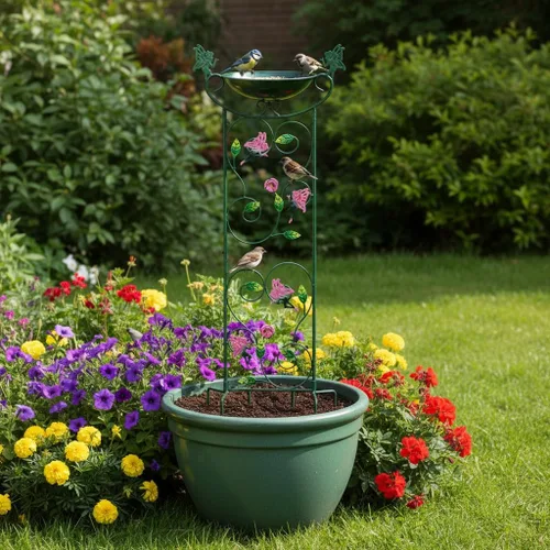 Miniatura 5 de HONGLAND Baño de metal para pájaros de 36.5 pulgadas con enrejado, baño para pájaros de jardín al aire libre con cuenco desmontable y soporte