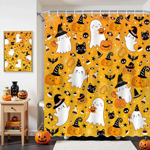 Miniatura 2 de Mocsicka Cortina de ducha de fantasma, fantasma, fantasma, caricatura, gato, calabaza, cortina de ducha de tela impermeable para Halloween