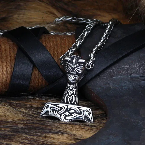 Miniatura 4 de Collar de Mjolnir de Thor para hombre, regalo vikingo de cuervo para hombre, joyería nórdica Odin con bolsa de regalo Valknut, Acero inoxidable, No