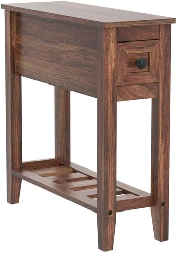 Miniatura 4 de Paquete de 2 Mesas Auxiliares Estrechas de Cabecera con Cajón, Mesa Auxiliar Sólida para Sillón Reclinable con Estante de Almacenamiento, Mesita