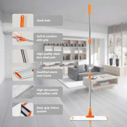 Miniatura 2 de Trapeador plano de microfibra húmedo-seco con mango ajustable de acero inoxidable de 51 pulgadas, 4 almohadillas reutilizables para trapear húmedo