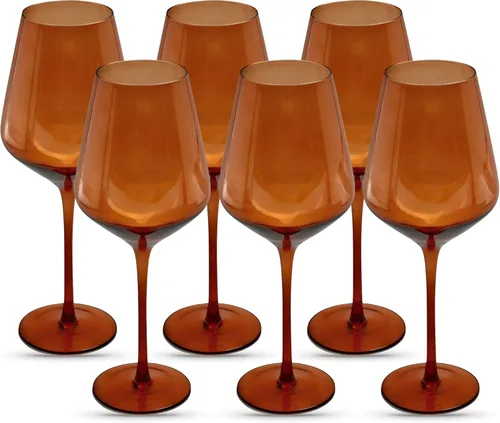 Saludi Copas de Vino Originales de Hoja Naranja Oscuro, 16.5oz (Juego de 6) Con Tallo Color Único Óxido Terracota - Ideales para Todos los Tipos de