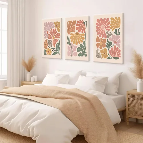 Miniatura 2 de TBKHUDBI Lienzo de flores bohemias para pared, impresiones florales abstractas, juego de 3 pósteres minimalistas de pintura botánica, mercado