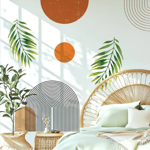 Calcomanías de Pared Bohemias de Mediados de Siglo Modernas Despegar y Pegar, Pegatinas de Vinilo de Pared de Arcos Grandes Sol, Hojas Plantas