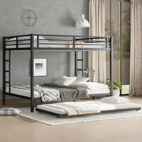 Miniatura 12 de Litera de metal con cama nido, marco de litera individual sobre matrimonial con 2 escaleras laterales y patas más gruesas, color negro