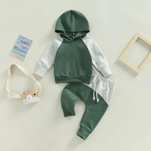 Miniatura 176 de Ropa de bebé niño 3 6 9 12 18 24M 3T Conjunto de pantalones con capucha patchwork sudadera con capucha pantalones de rayas traje de otoño invierno