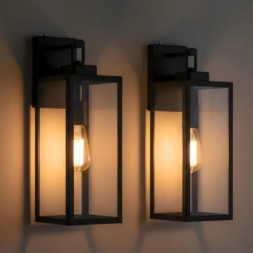 Miniatura 13 de Paquete de 2 apliques para exteriores, farol de pared de 12 pulgadas, aplique exterior pequeño de metal y vidrio, faroles negros para exteriores