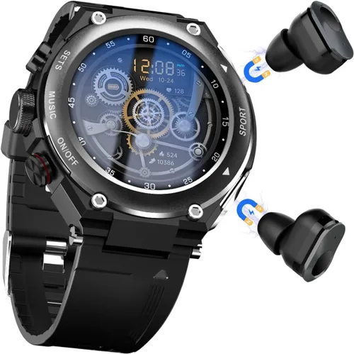 Reloj inteligente con auriculares 3 en 1 Ronda Fitness Tracker 1.28 pulgadas Smartwatch para hombres Respuesta/Hacer llamadas Altavoz Grabación