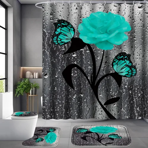 Miniatura 14 de Poedist Juego de 4 cortinas de ducha de baño, juego de cortina de baño con rosas azules, juegos de cortinas de ducha con alfombras