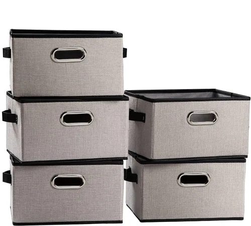 Miniatura 34 de PRANDOM Contenedores de almacenamiento plegables más grandes para clóset [5 unidades] cestas decorativas de tela de lino con asas de cuero y metal