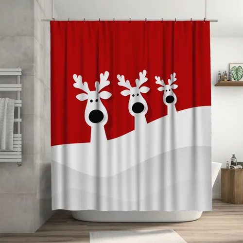 Ansouyi Juego de cortina de ducha de reno navideño en rojo, con 12 ganchos, cortinas impermeables de poliéster para baño, decoración lavable y