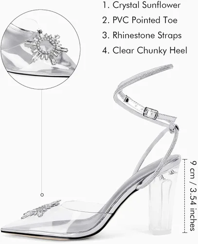 Miniatura 4 de Coutgo Sandalias de tacón alto grueso con diamantes de imitación para mujer, tacón alto y grueso, zapatos de tacón alto para boda y fiesta