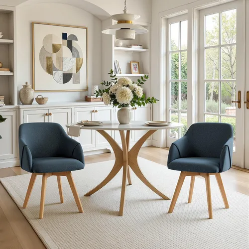Miniatura 13 de Juego de 2 sillas de comedor giratorias, modernas de mediados de siglo con brazos y patas de madera, sillas de cocina tapizadas de tela de lino