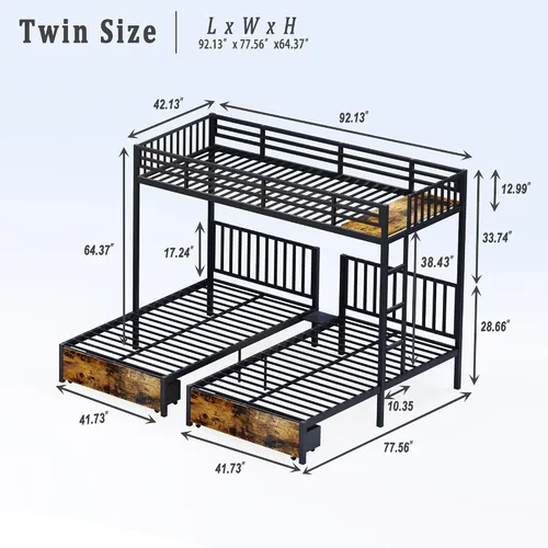 Miniatura 2 de Litera triple tamaño individual, se separa en 3 camas individuales, literas de metal resistente con cajones de almacenamiento, barandilla