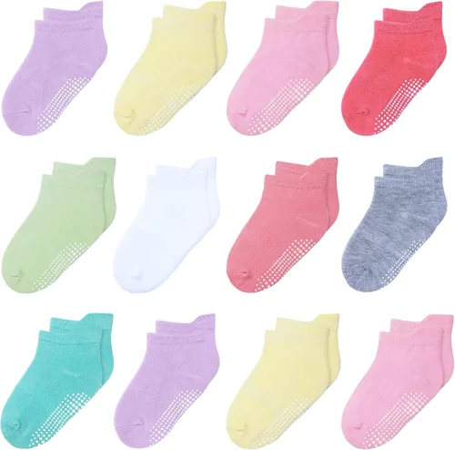 12 paquetes de calcetines antideslizantes para niños y bebés con agarres, 1-7 años, calcetines de algodón para tobillo para niños y niñas, colores