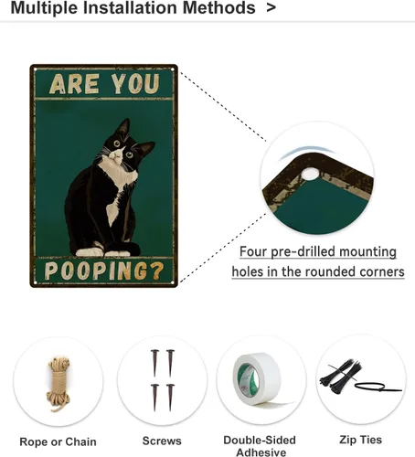 Miniatura 6 de ALKB Letrero de baño con diseño de gato esmoquin, divertido letrero de metal de 8 x 12 pulgadas – Are You Pooping – Decoración de pared de gloria