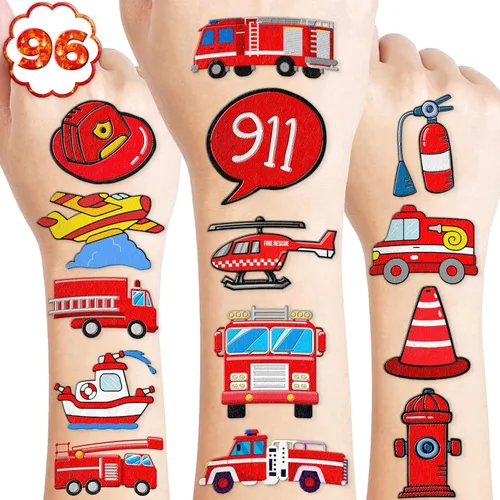 96 tatuajes temporales de bombero para niños, lindos tatuajes falsos de camión de bomberos para niños, regalos de fiesta de cumpleaños, recompensas