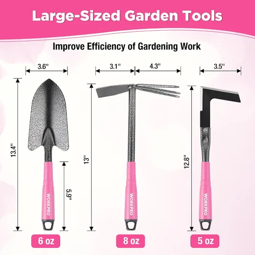 Miniatura 2 de WORKPRO Juego de herramientas de jardín rosa de 6 piezas, herramientas manuales de jardinería resistentes con mango de goma suave, incluyendo