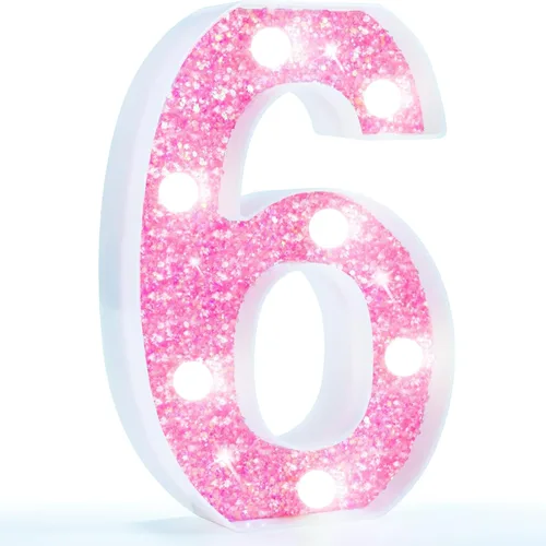 Miniatura 50 de Pooqla Luces de números de marquesina, números de luz rosa para niñas de 10.º cumpleaños, funciona con pilas, luz nocturna de número con purpurina