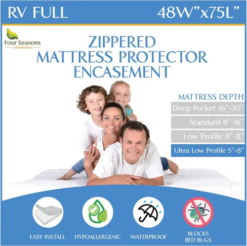 Protector de colchón RV corto tamaño completo (48" de ancho x 75" de largo) se adapta a 5"-8" de profundidad - Funda impermeable con cremallera - Se
