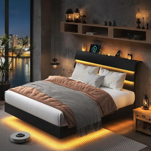 Miniatura 8 de Feonase Base de cama flotante tamaño Queen con luces LED y estación de carga, base de cama de madera tamaño Queen con cabecero de almacenamiento