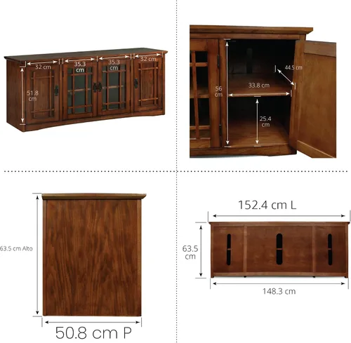 Miniatura 9 de Leick Home 82360 Soporte de TV de madera maciza Mission Oak de cuatro puertas para televisores de 65" Consola universal de TV para sala de estar