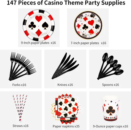 Miniatura 4 de durony Juego de vajilla de 147 piezas con temática de casino, incluye platos, servilletas, vasos, Staws y cubiertos para decoración de fiesta