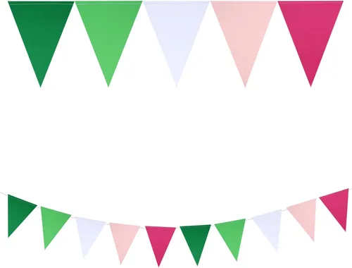 Miniatura 3 de Mefuny Banderines en blanco de 30 pies, 45 unidades, color verde, rosa, blanco, banderines de banderines triangulares, guirnaldas de banderines