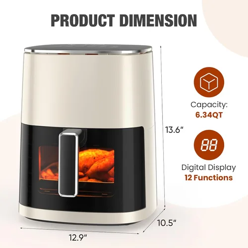 Miniatura 5 de Sweetcrispy Freidora de aire de 6QT con ventana, horno de freidora de aire cuadrado 12-en-1 para la familia, tecnología de aire rápido de 400°F