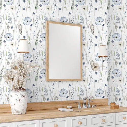 Miniatura 4 de VEELIKE Papel tapiz floral azul de acuarela para despegar y pegar, papel tapiz botánico de helecho bohemio para dormitorio, baño, guardería, 17.7 x