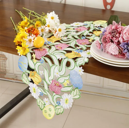 Miniatura 7 de Camino de mesa de Pascua, primavera, conejos, huevos, camino de mesa floral, bordado floral y conejos, huevos, bufanda, decoración de mesa