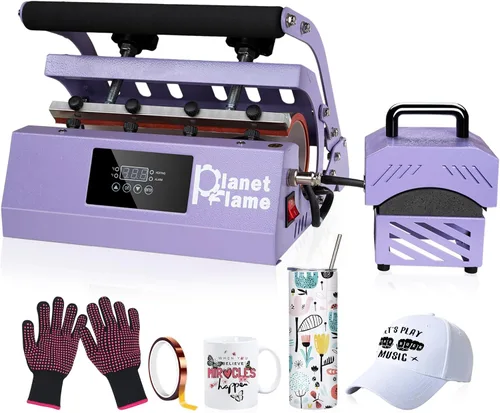 Miniatura 10 de Máquina de Prensa de Calor para Vasos y Gorras PlanetFlame, Máquina Combo 2 en 1 para Tazas y Gorras con Guantes y Cinta Resistente al Calor de Alta